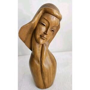 Vintage Mid Century Decorative Wood Carved Female Bust Head 12" Decor